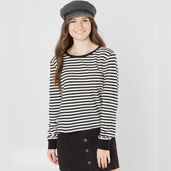 Amuse Society Honey Striped Long Sleeve Cropped Top Shirt Black Off White Large - Picture 7 of 16